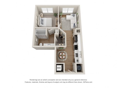 Floor plan for 1 bed, 1 bath, 585 sqft
